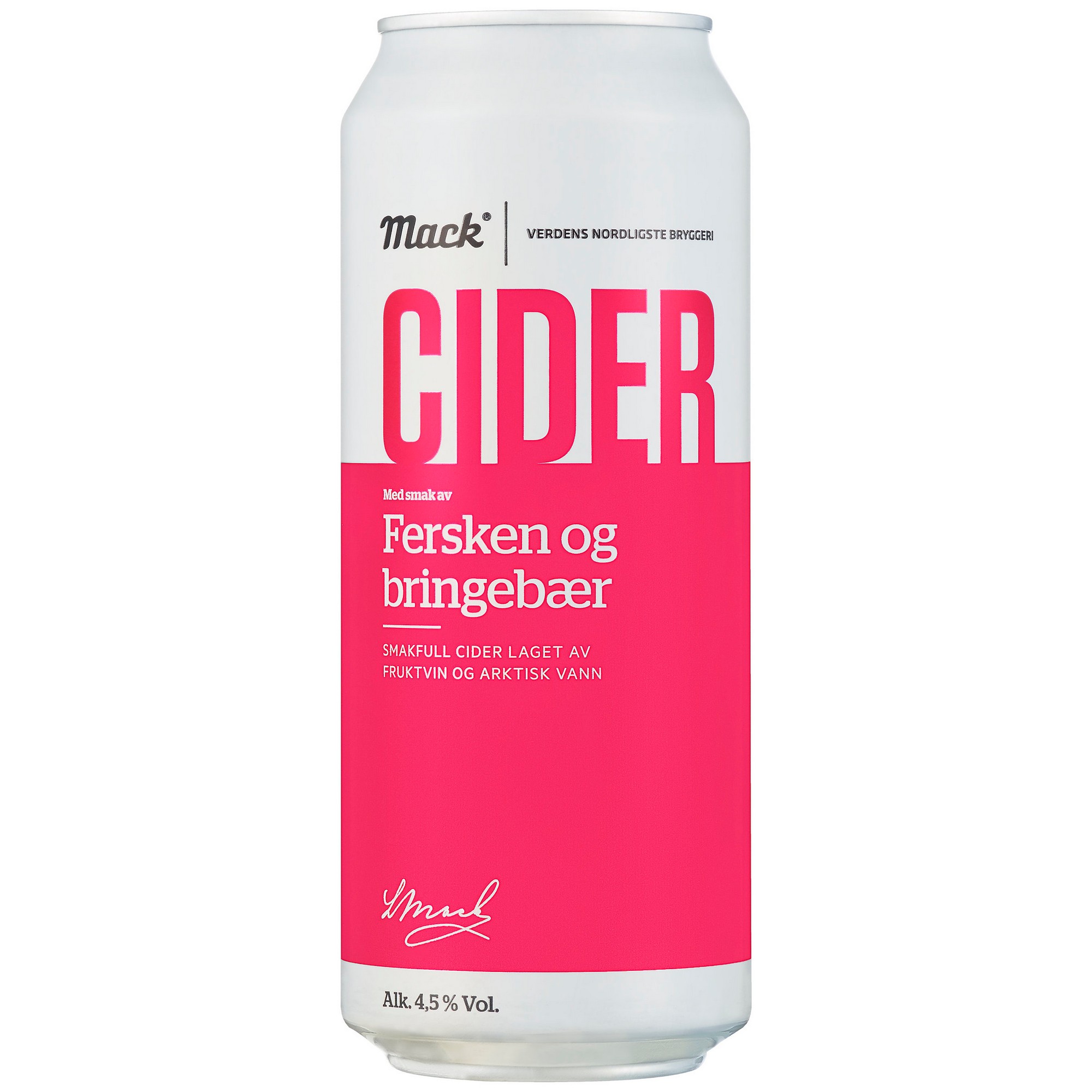 Mack cider fersken bringebær bx   4,5%   24x50cl