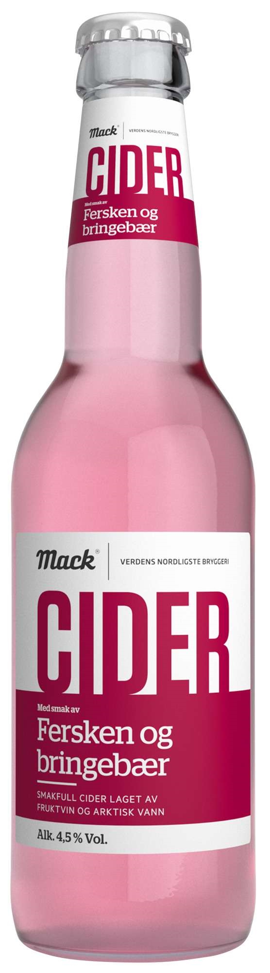 Mack cider fersken/bringebær fl  4,5%  24x33cl