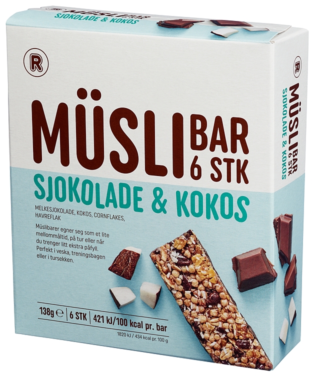 Müslibar sjokolade og kokos 6x23g