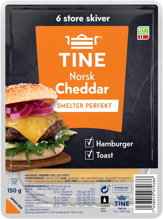 Cheddar burgerost, norsk  150g