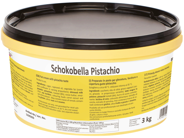 Schokobella pistasje sjokoladekrem for fyll og overtr.  3kg