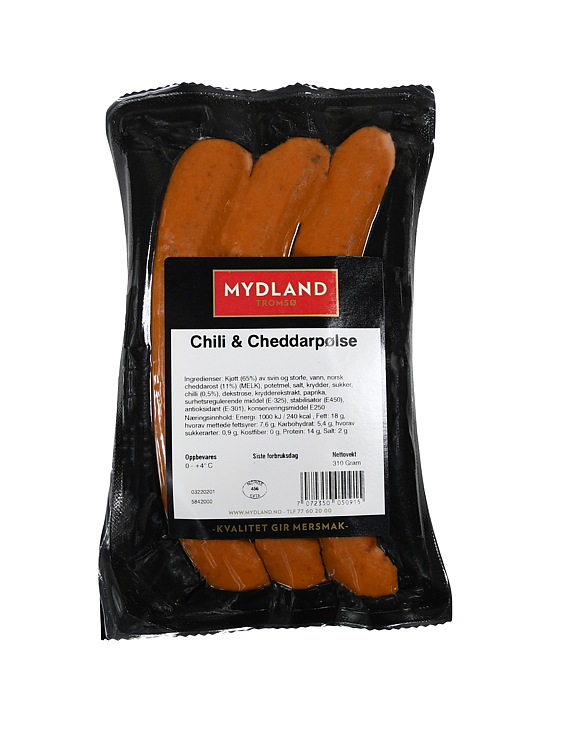 Cheddar og chilipølse pk   310g